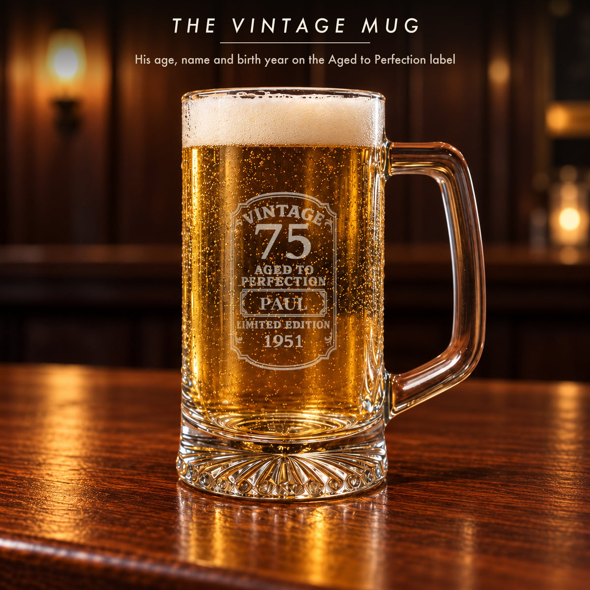 Close-up of the Vintage 75 Aged to Perfection beer mug from the birthday gift set, engraved Paul and Limited Edition 1951
