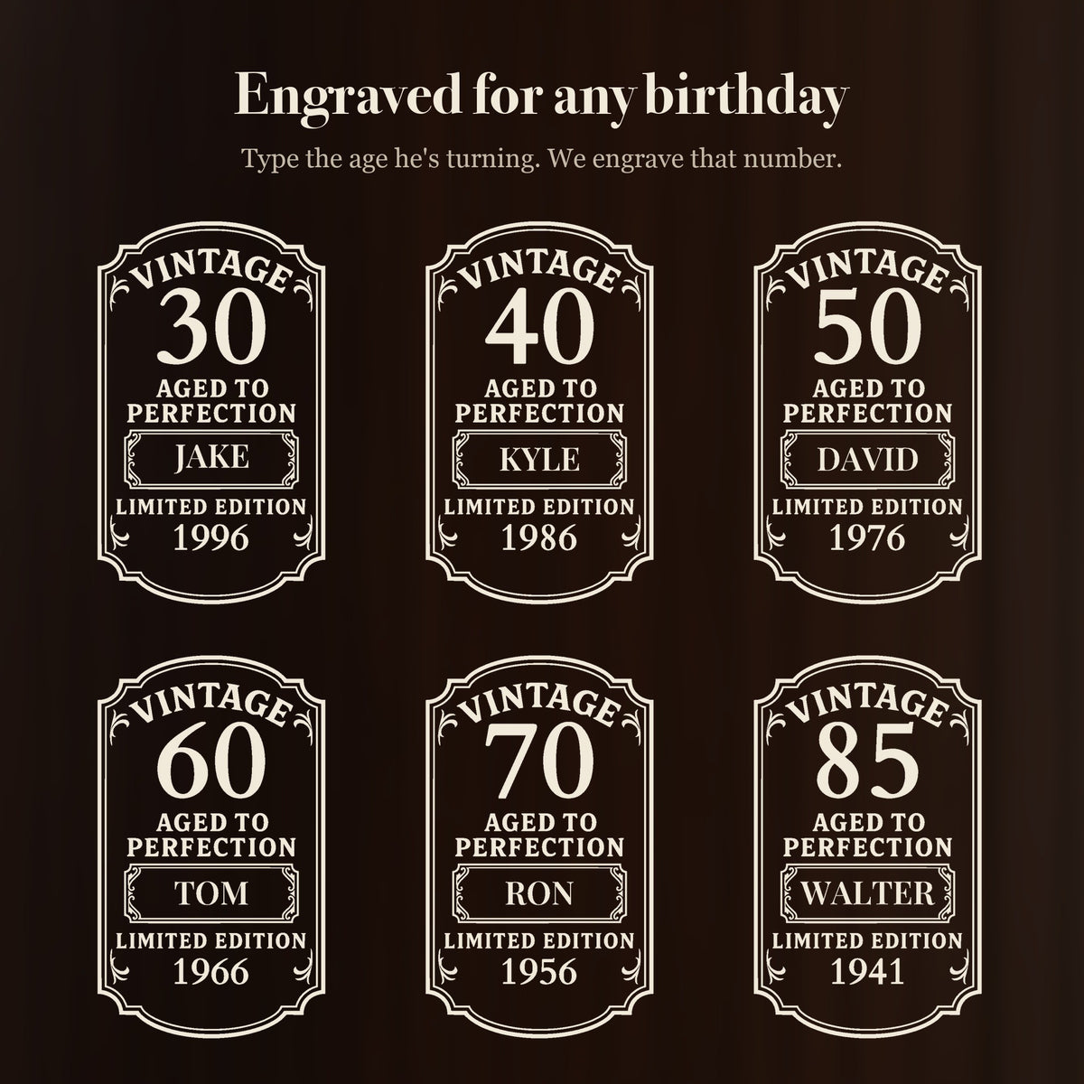 Six Vintage birthday labels for the personalized beer stein, engraved for a 30th, 40th, 50th, 60th, 70th and 85th birthday with six names