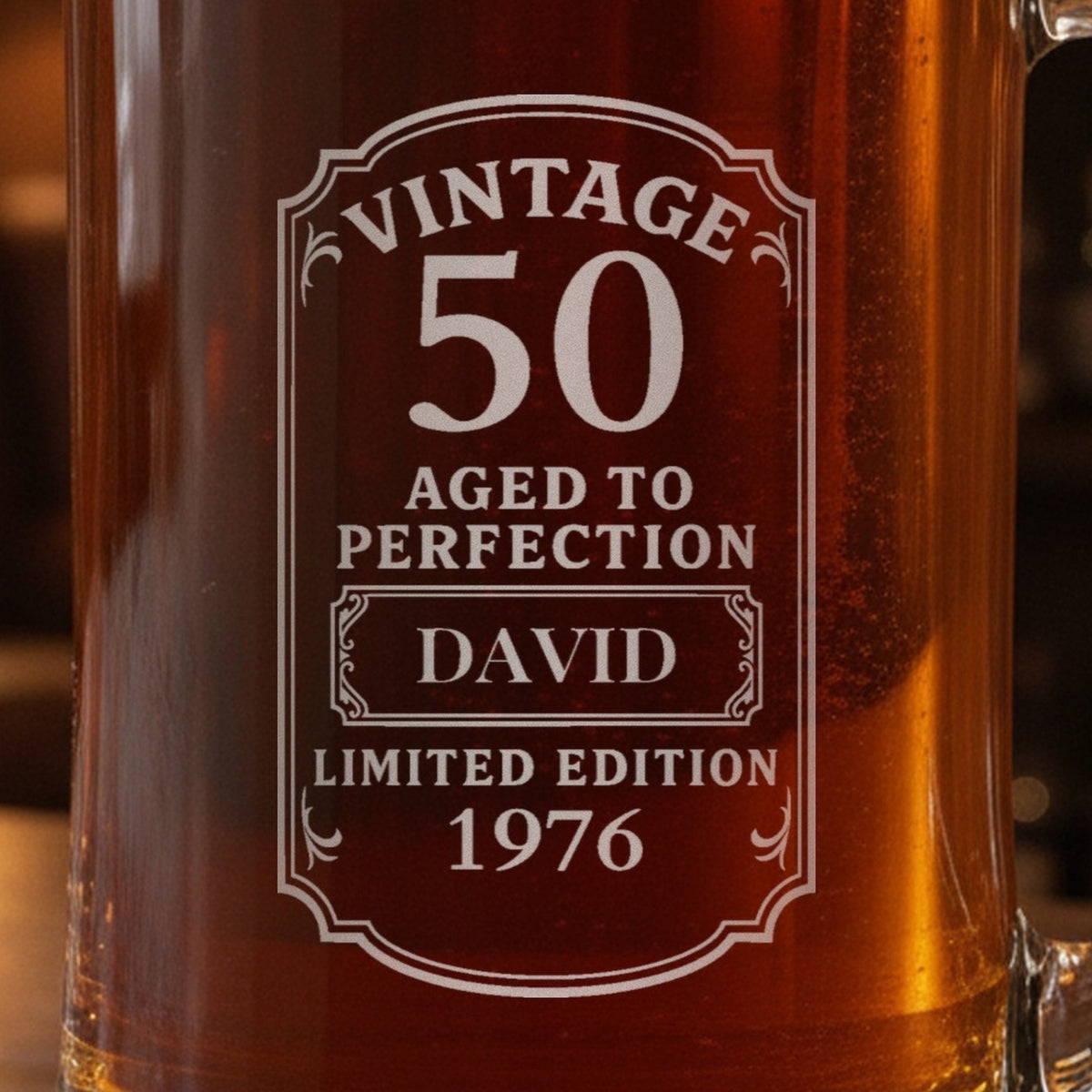 Close-up of the frosted laser engraving on the birthday beer stein: Vintage 50, Aged to Perfection, David, Limited Edition 1976
