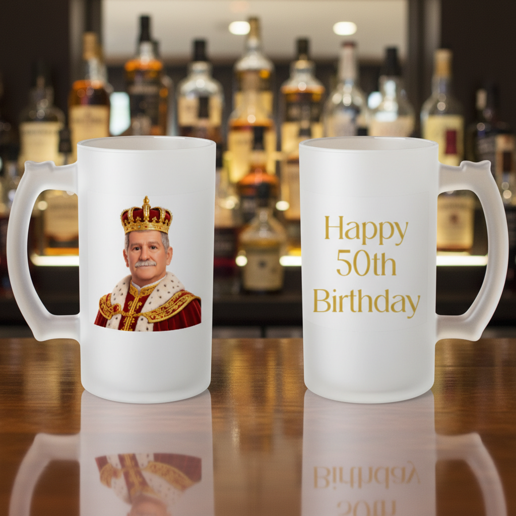 Groovy Guy Gifts Personalized Birthday King Beer Mug - Custom AI Photo Frosted Glass Stein, 16oz