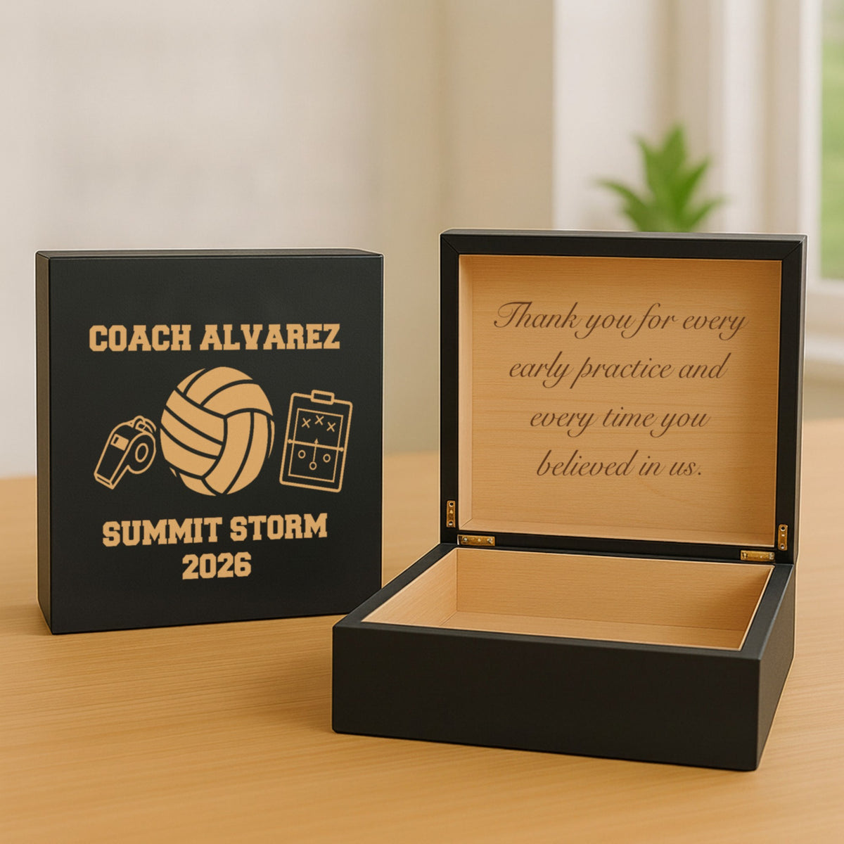 Black volleyball coach keepsake box engraved Coach Alvarez and Summit Storm 2026, with a thank-you message engraved inside the open lid
