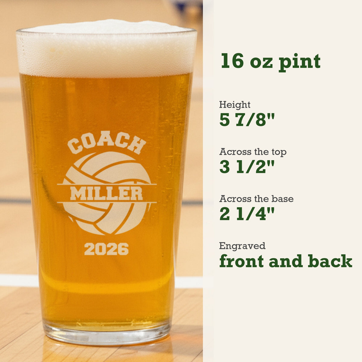 Size guide for the volleyball coach pint glass, a 16 oz pint 5 7/8 inches tall, 3 1/2 inches across the top and 2 1/4 inches at the base
