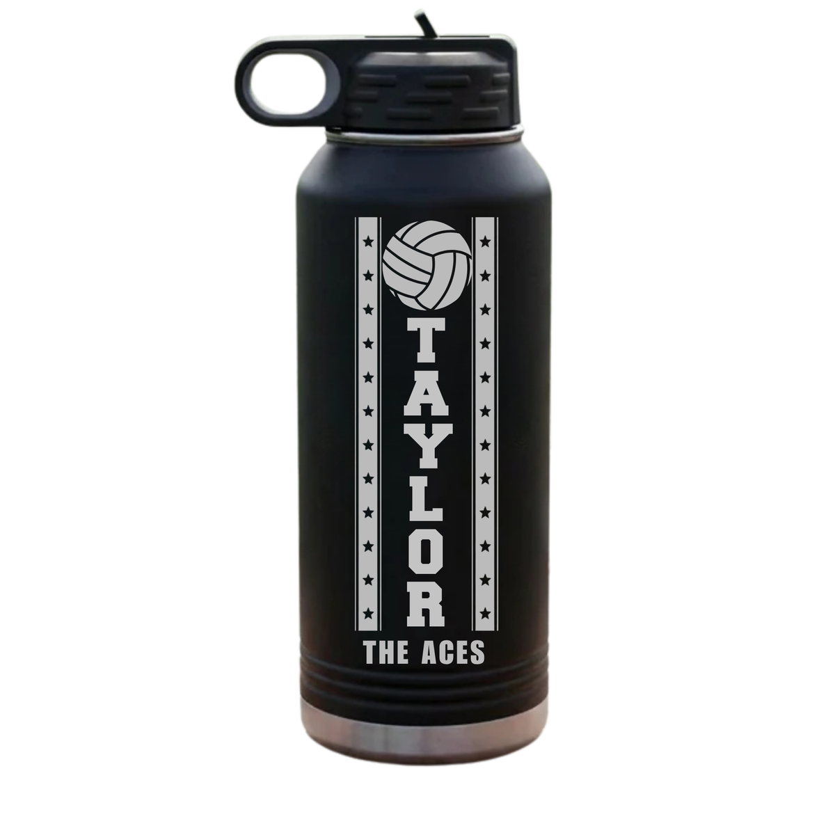 Black personalized volleyball coach water bottle laser engraved with a volleyball, the name Taylor down the center, and the team name The Aces at the bottom, 32oz insulated stainless steel.