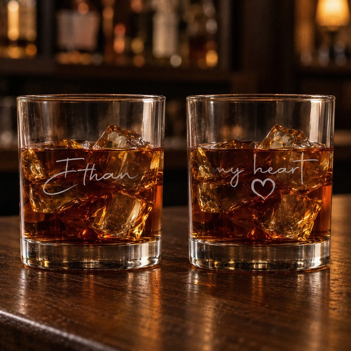The Way To His Heart whiskey glass, two views: the name Ethan in script on the front and my heart with a little heart on the back