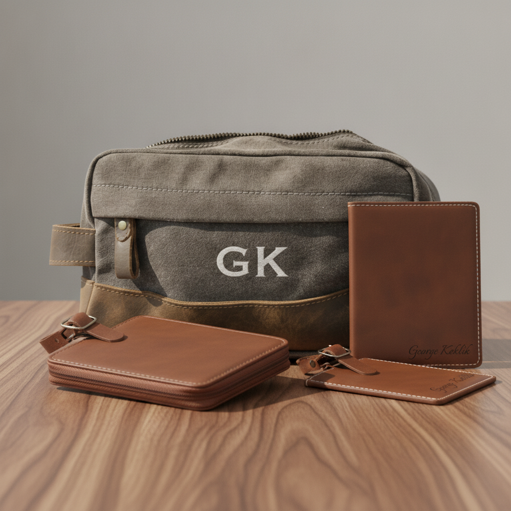 Personalized travel gift set with a grey waxed canvas wash bag embroidered GK, shown with a leather passport holder, luggage tag and grooming case on a walnut surface