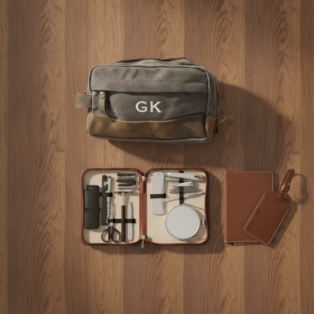 Every piece in the travel gift set laid out from above: grey canvas wash bag embroidered GK, open leather grooming case showing its tools, leather passport holder and luggage tag