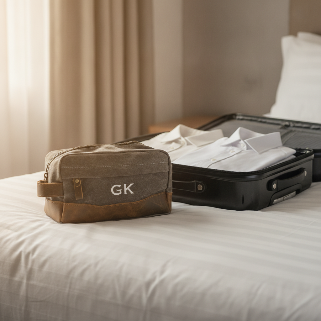 Grey waxed canvas wash bag embroidered with GK resting on a hotel bed beside an open carry-on suitcase with a folded white shirt inside