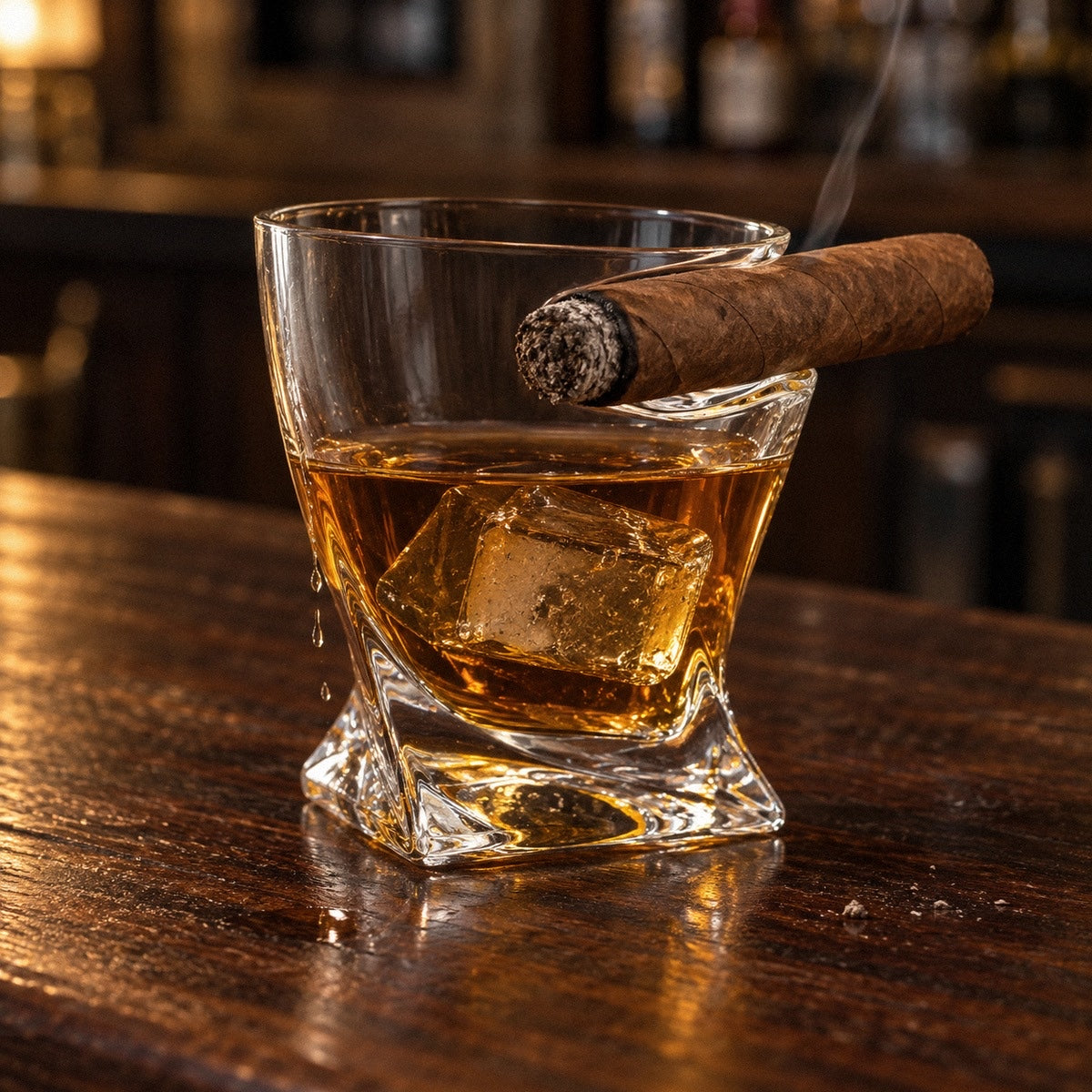 Whiskey glass with cigar holder on a walnut bar, bourbon over a clear ice cube and a cigar resting in the notch molded into the rim