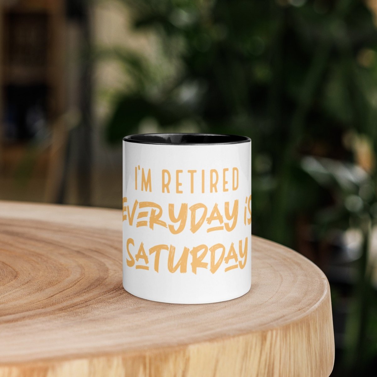 Funny retirement mug for men with “Everyday Is Saturday” printed design