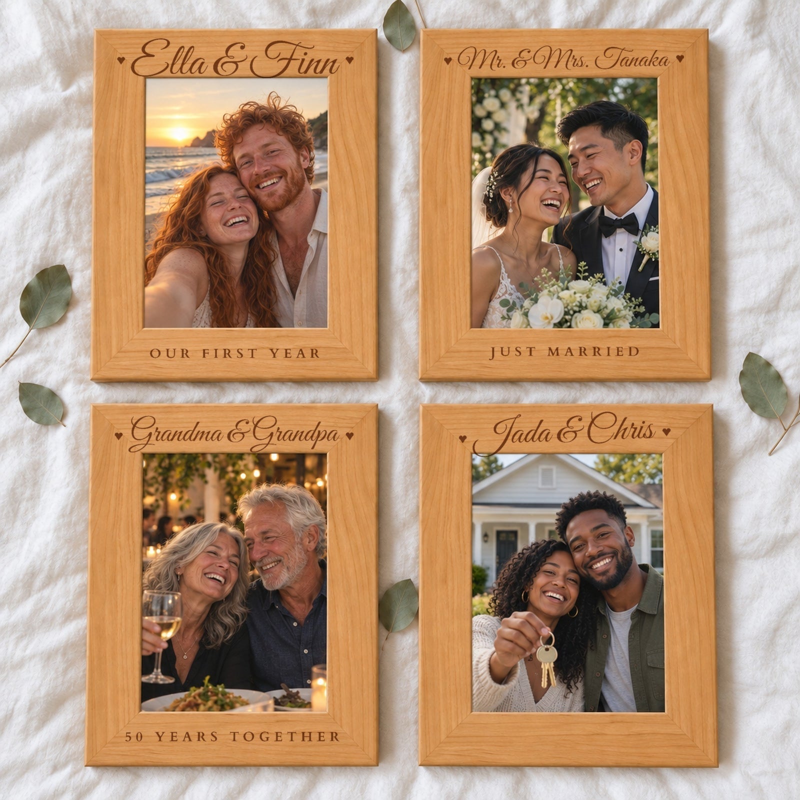 Four engraved wood anniversary picture frames: Our First Year, Mr. & Mrs. Tanaka Just Married, Grandma & Grandpa 50 Years Together, and Jada & Chris names only