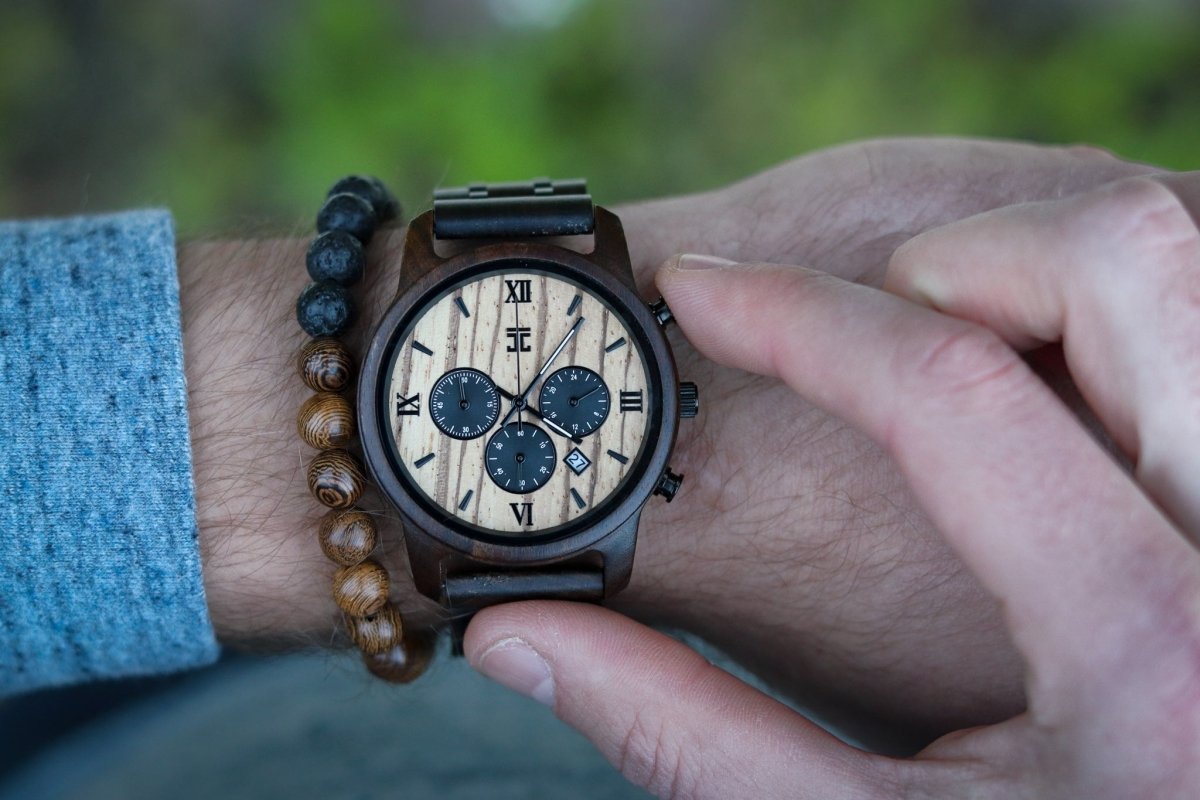 Unique Personalized Wild | Black Sandalwood & Zebrawood Chronograph Customized Wooden Watch Gifts for Men by Groovy Guy