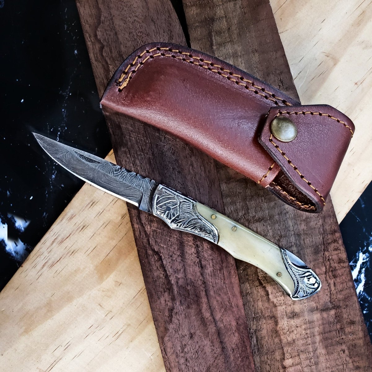 Unique Personalized Camel Bone Folding Knife Customized Damascus Knife Gifts for Men by Groovy Guy