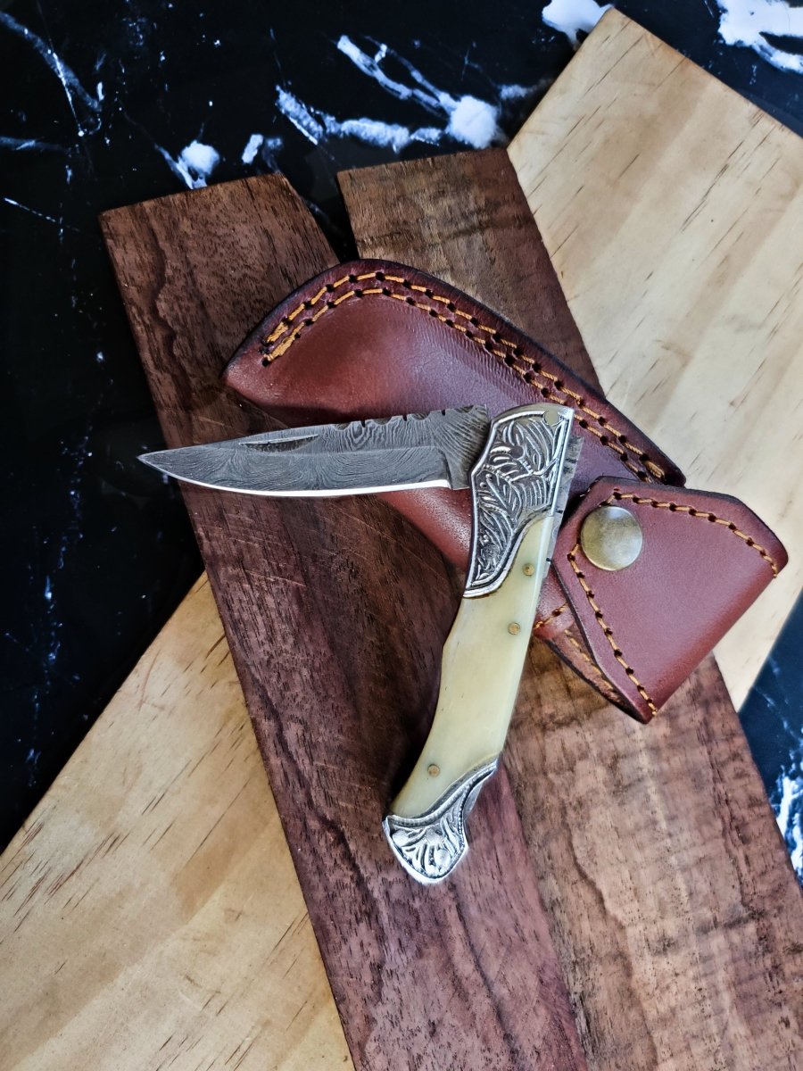 Unique Personalized Camel Bone Folding Knife Customized Damascus Knife Gifts for Men by Groovy Guy