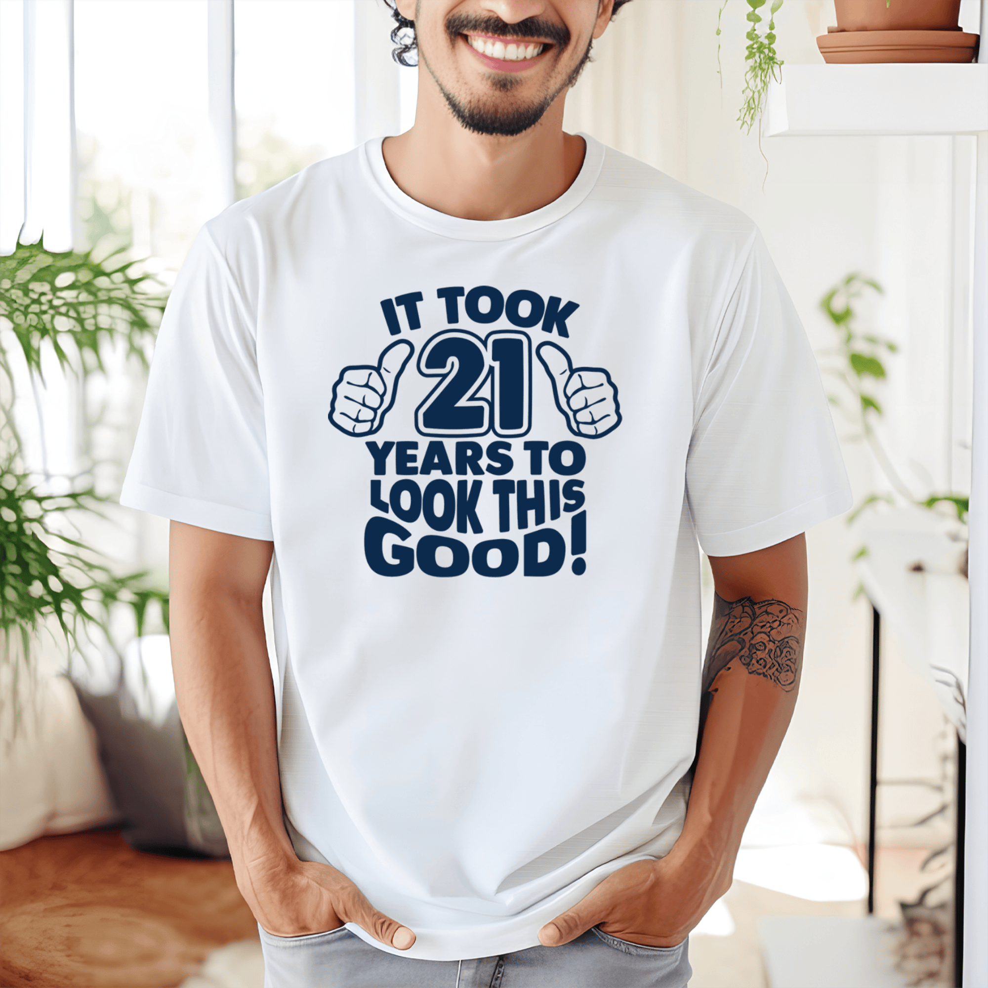 Mens White T Shirt with 21-Years-And-Lookin-Good design