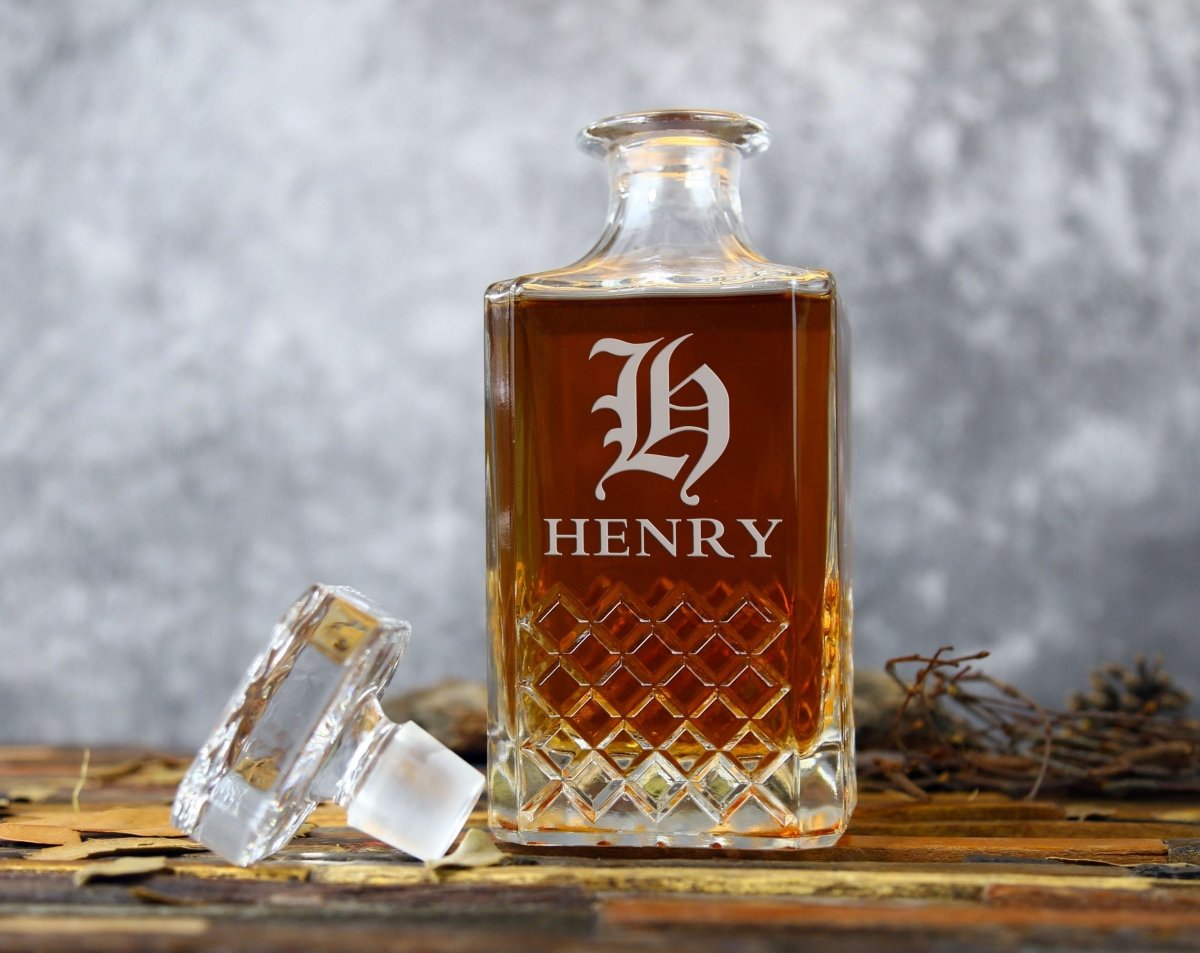 Unique Personalized Custom Crystal Whiskey Decanter Set Customized Bar Gifts for Men by Groovy Guy