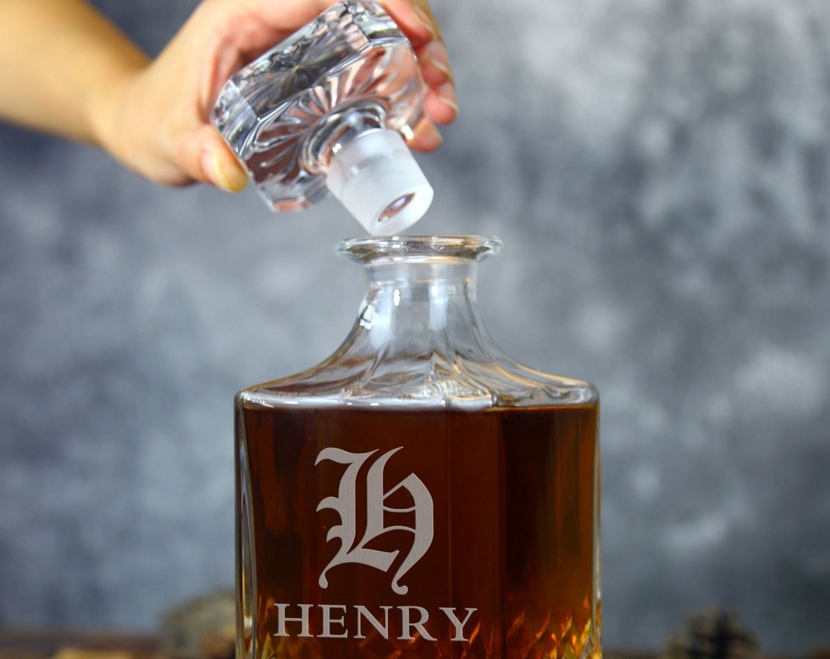 Unique Personalized Custom Crystal Whiskey Decanter Set Customized Bar Gifts for Men by Groovy Guy