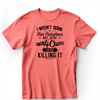 Mens Light Red T Shirt with 40-Years-Later-And-Winning design