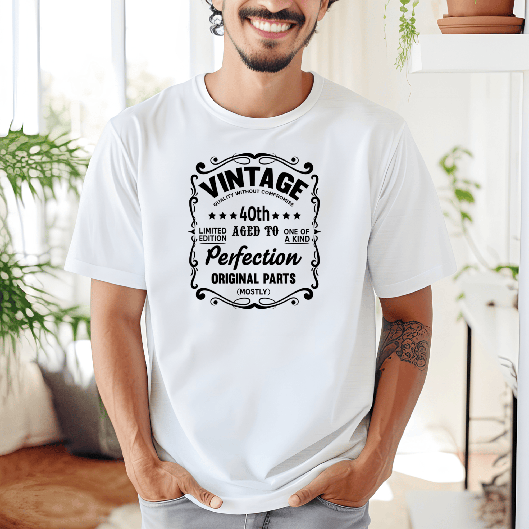 Mens White T Shirt with 40th-Vintage design
