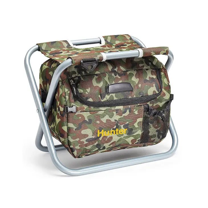Camo folding cooler chair with a padded seat on an aluminum frame, Hunter embroidered in gold thread across the front, a personalized cooler chair for him