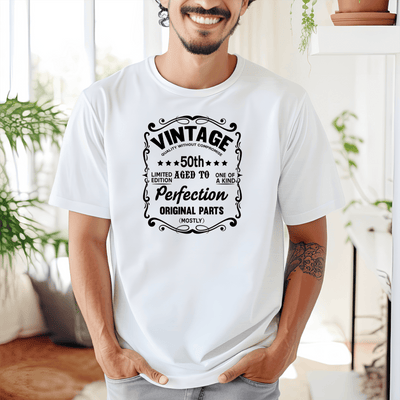 Mens White T Shirt with 50th-Vintage design
