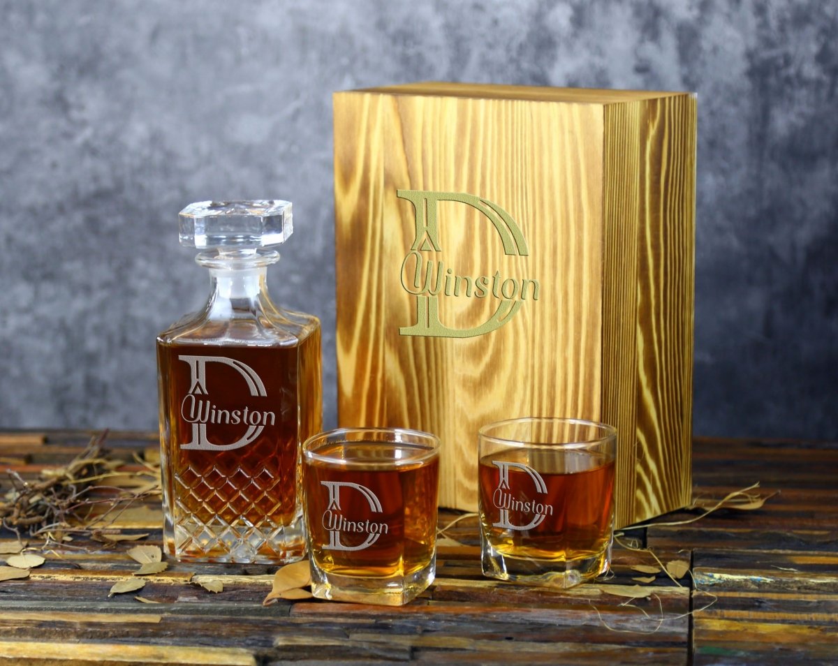 Unique Personalized Custom Crystal Whiskey Decanter Set Customized Bar Gifts for Men by Groovy Guy