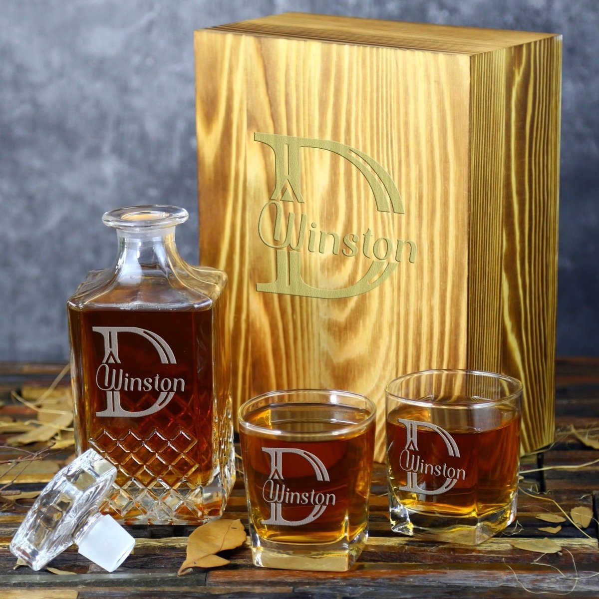 Unique Personalized Custom Crystal Whiskey Decanter Set Customized Bar Gifts for Men by Groovy Guy