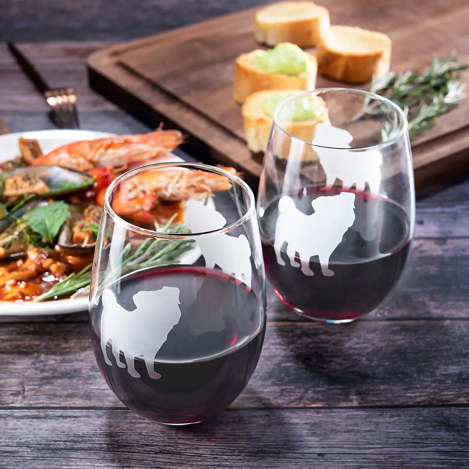 Unique Personalized Pug Dog Stemless Wine Glasses Set Customized Wine Glass Gifts for Men by Groovy Guy