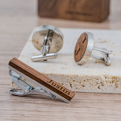 Engraved Timber Ties Cufflinks & Tie Bar Set