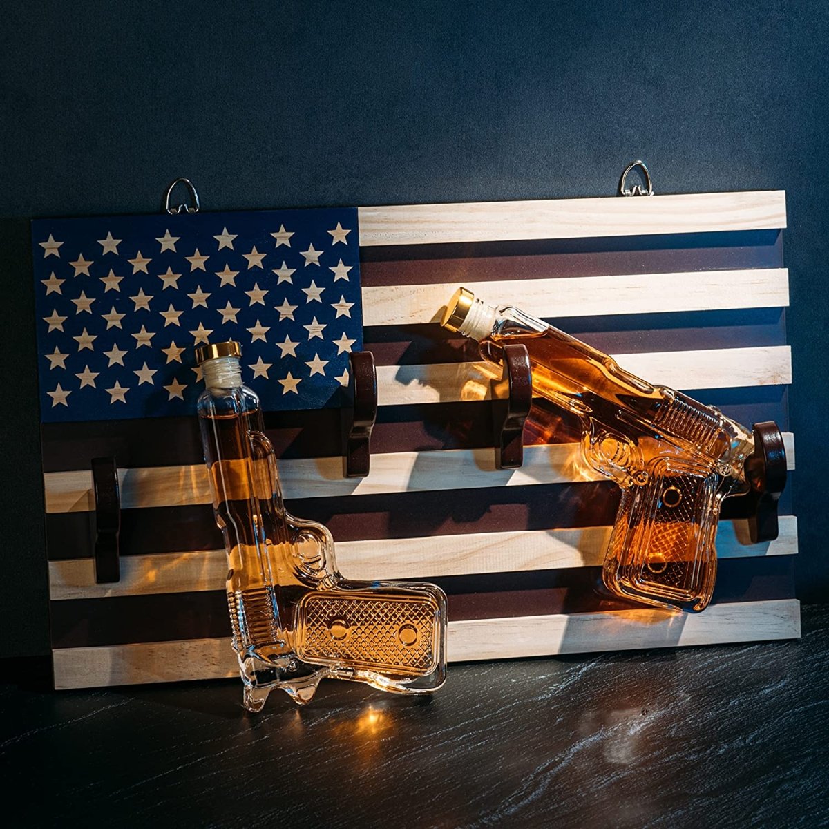 Unique Personalized Pistol Whiskey Decanter On American Flag Wall Rack Customized Gifts for Men by Groovy Guy