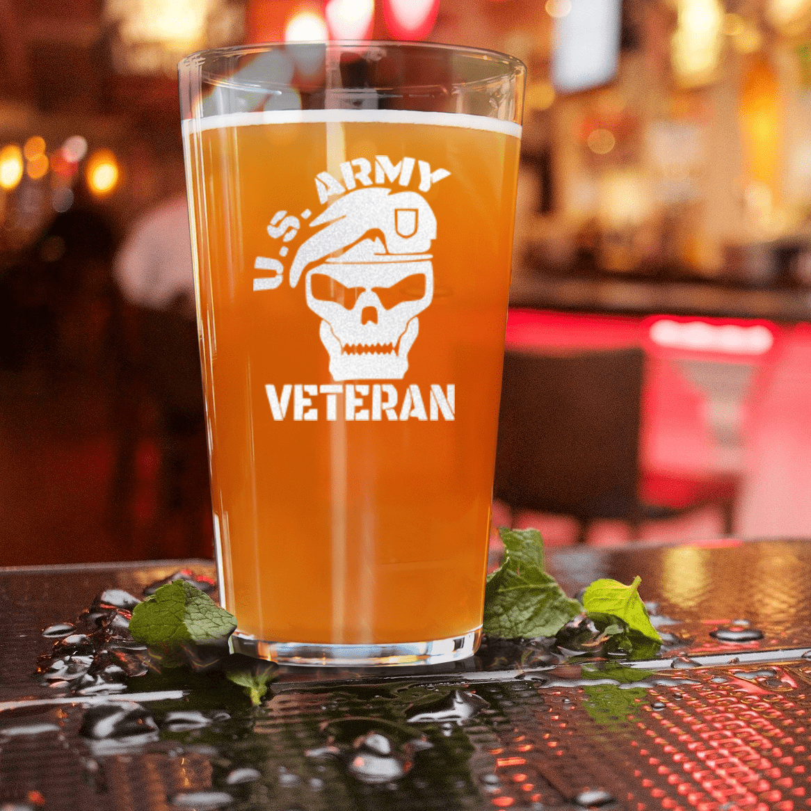 Unique Personalized Army Veteran Skull Pint Glass Customized Military Retirement Pint Glasses Gifts for Men by Groovy Guy