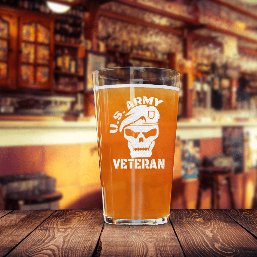 Unique Personalized Army Veteran Skull Pint Glass Customized Military Retirement Pint Glasses Gifts for Men by Groovy Guy