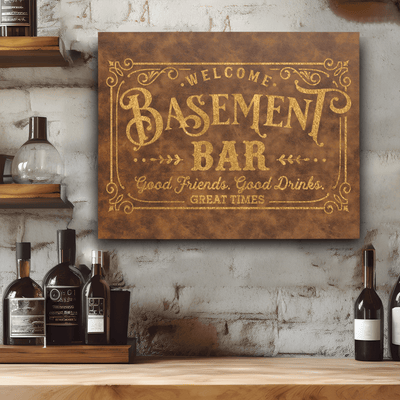 Rustic Gold Leather Wall Decor With Basement Bar Design