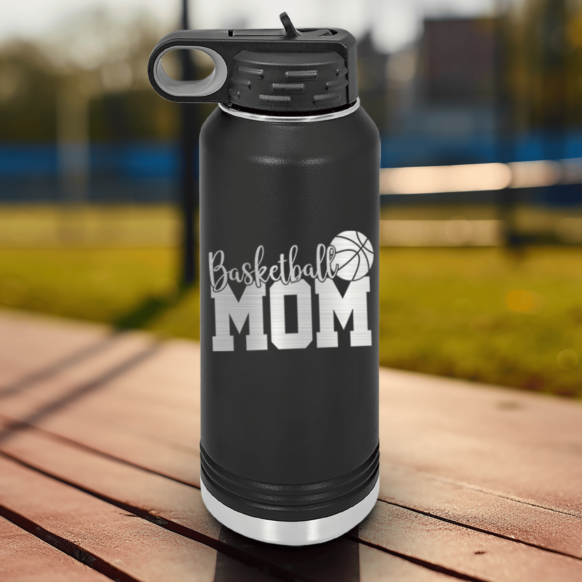 Black Basketball Water Bottle With Basketball Mom In Words Design
