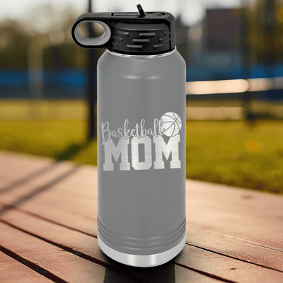 Grey Basketball Water Bottle With Basketball Mom In Words Design