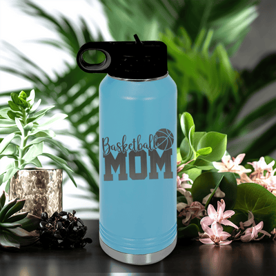 Light Blue Basketball Water Bottle With Basketball Mom In Words Design