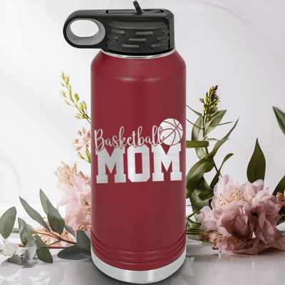 Maroon Basketball Water Bottle With Basketball Mom In Words Design