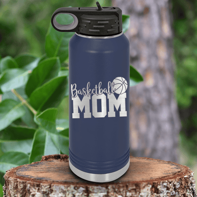Navy Basketball Water Bottle With Basketball Mom In Words Design