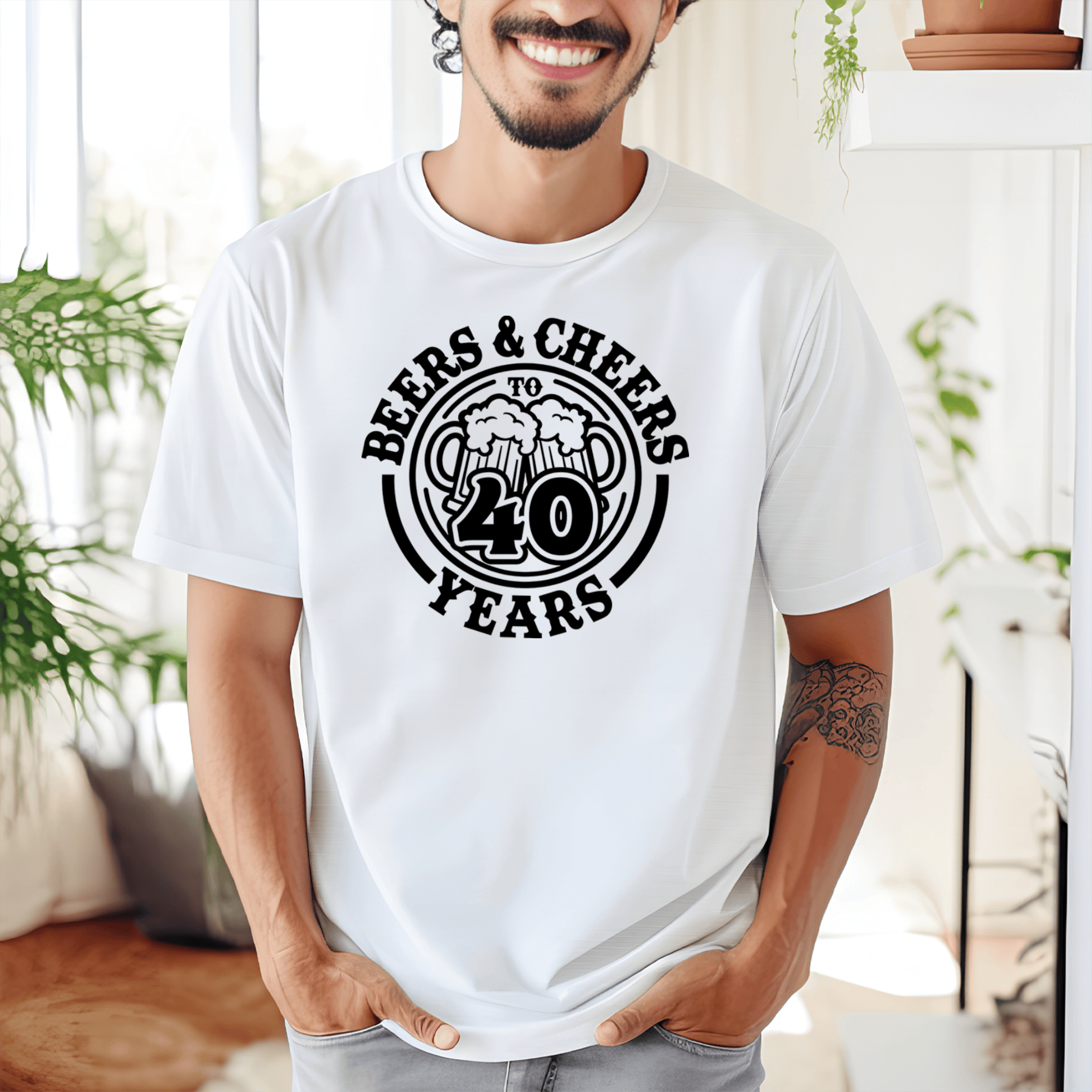 Mens White T Shirt with Beers-And-Cheers-40 design