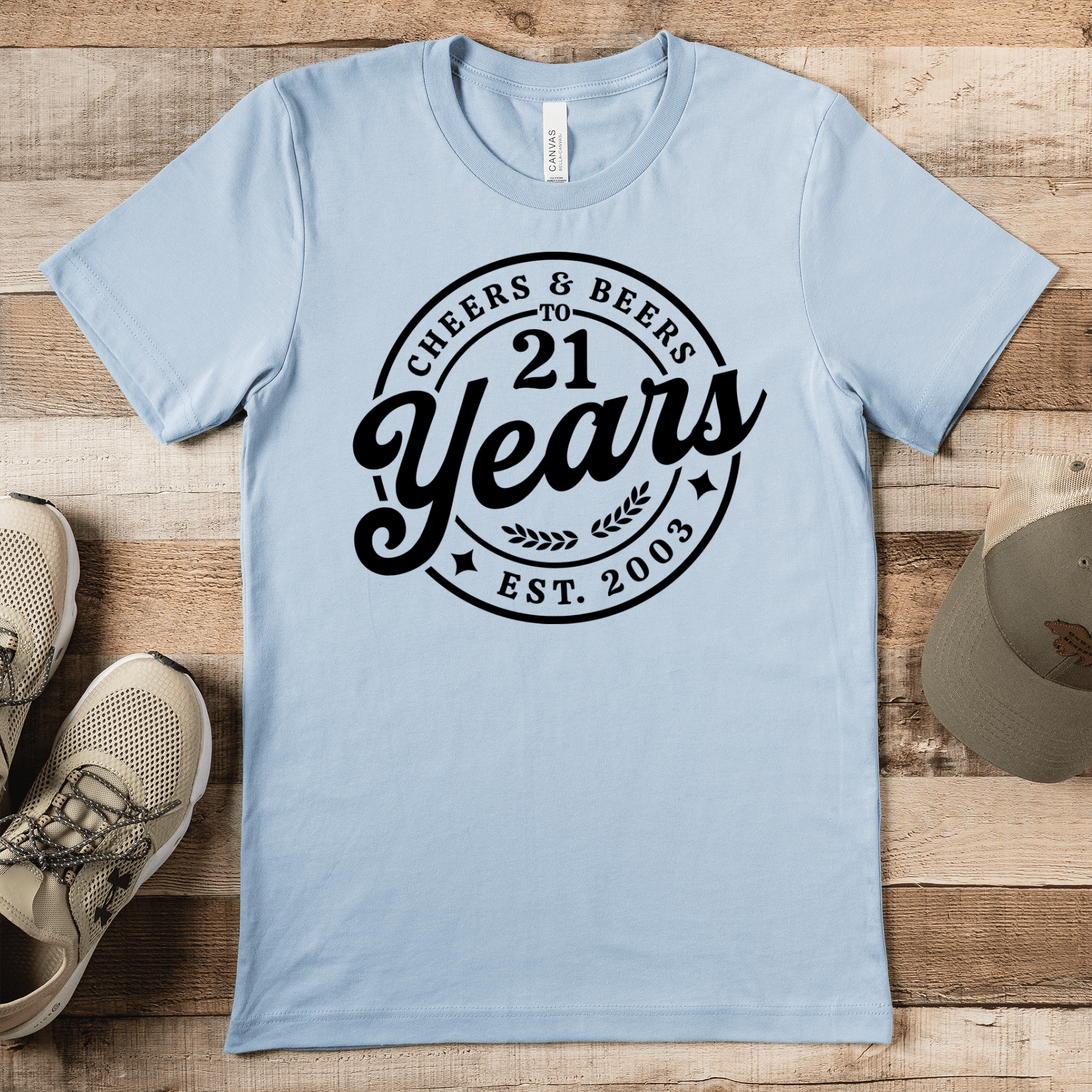 Mens Light Blue T Shirt with Beers-N-Cheers-21 design