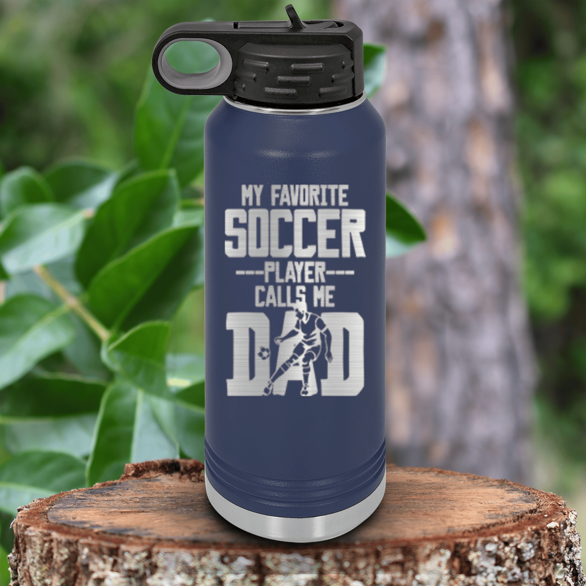 Navy Soccer Water Bottle With Best Soccer Player Calls Me Dad Design