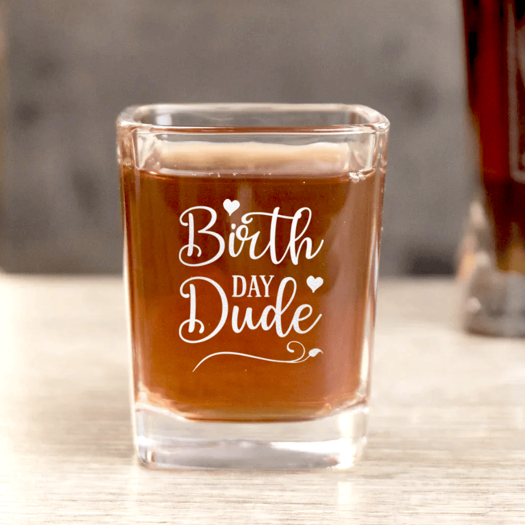Unique Personalized Birth Day Dude Square Shotglass Customized Birthday Flasks Gifts for Men by Groovy Guy