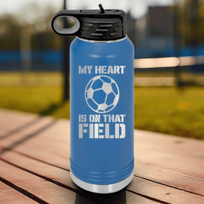 Blue Soccer Water Bottle With Boundless Love For The Soccer Field Design