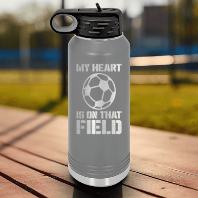 Grey Soccer Water Bottle With Boundless Love For The Soccer Field Design