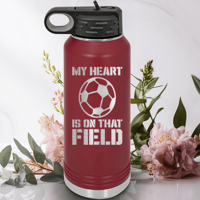 Maroon Soccer Water Bottle With Boundless Love For The Soccer Field Design