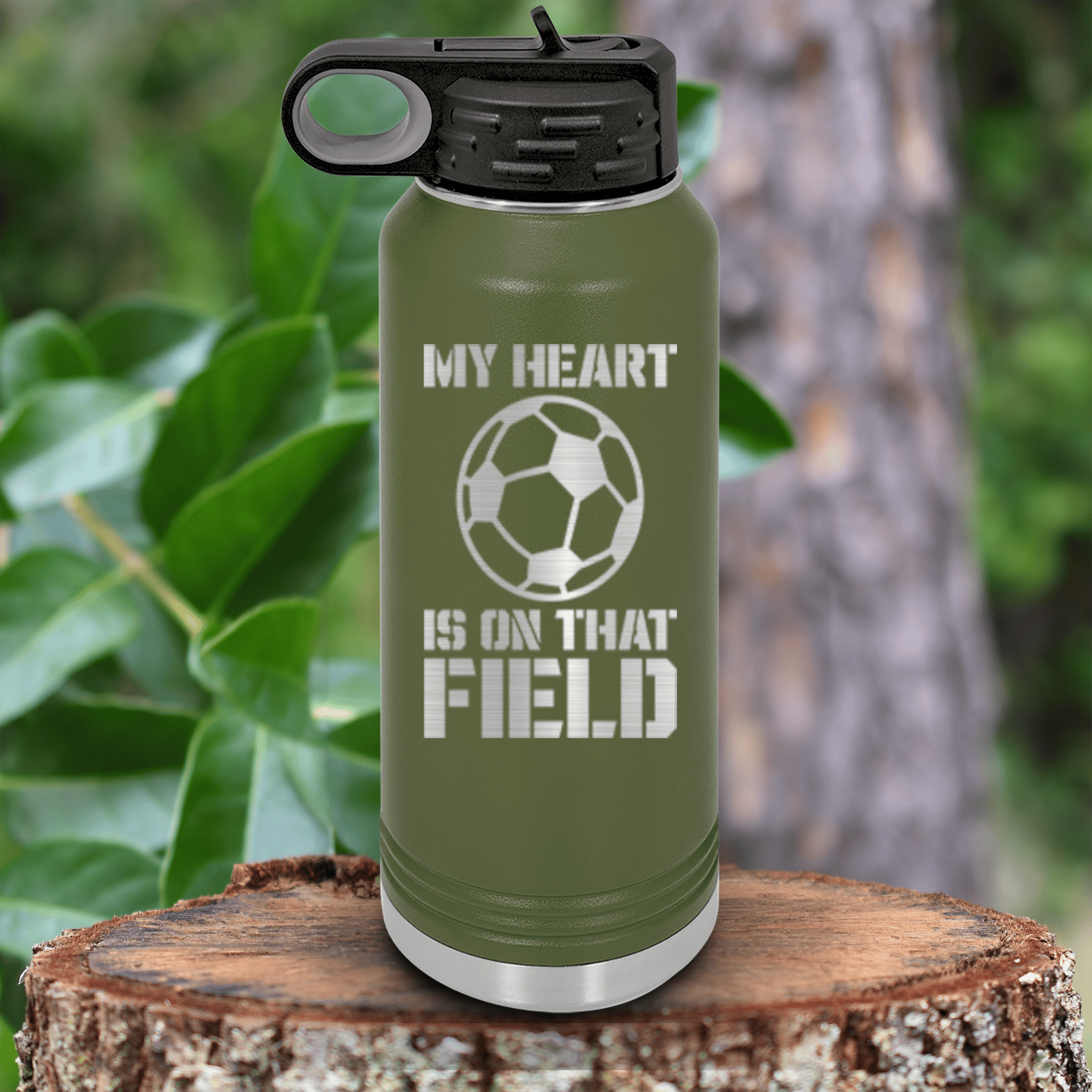 Military Green Soccer Water Bottle With Boundless Love For The Soccer Field Design