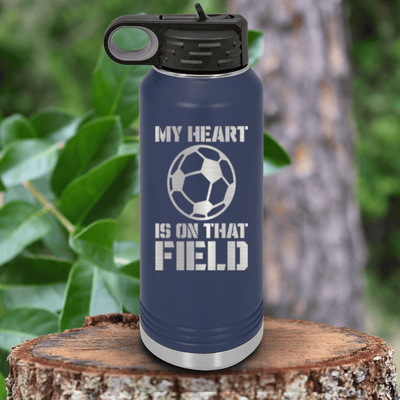 Navy Soccer Water Bottle With Boundless Love For The Soccer Field Design