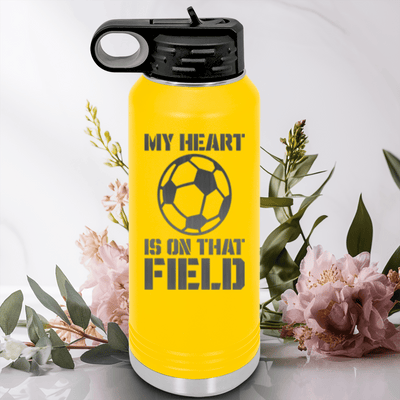 Yellow Soccer Water Bottle With Boundless Love For The Soccer Field Design