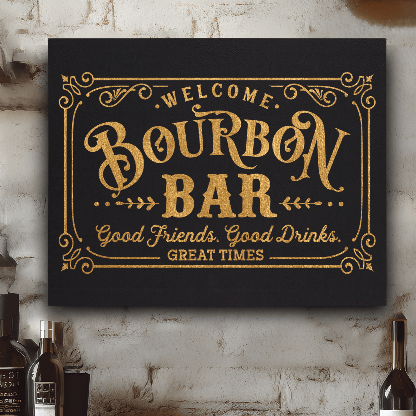 Black Gold Leather Wall Decor With Bourbon Bar Design