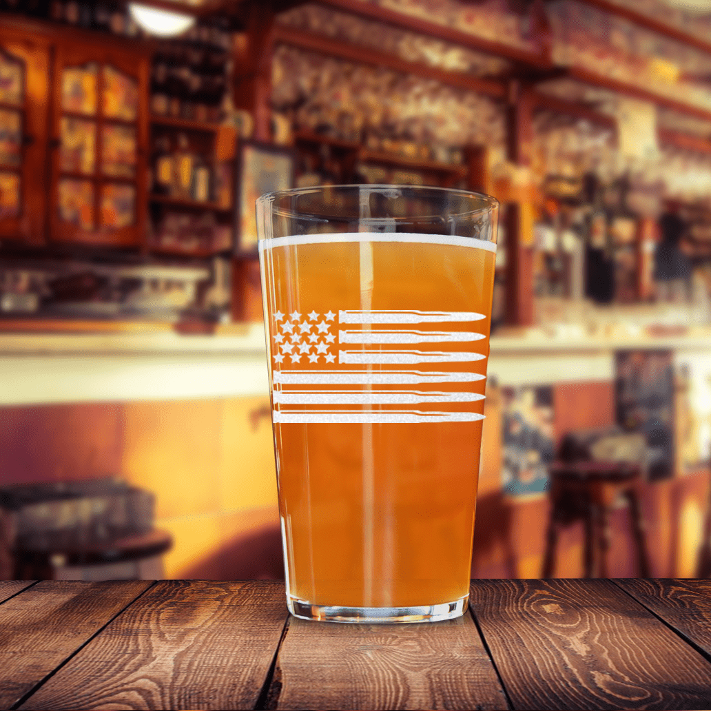 Unique Personalized Bullet American Flag Pint Glass Customized Military Retirement Pint Glasses Gifts for Men by Groovy Guy