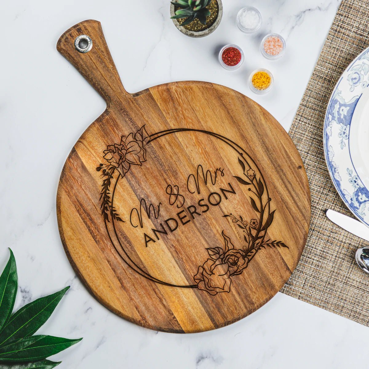 Unique Personalized Mr & Mrs Round Cheese Board - Design: L6 Customized Cutting Board Gifts for Men by Groovy Guy